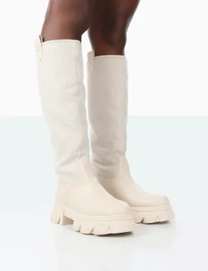 Genius Ecru PU Knee High Linen Chunky Sole Boots