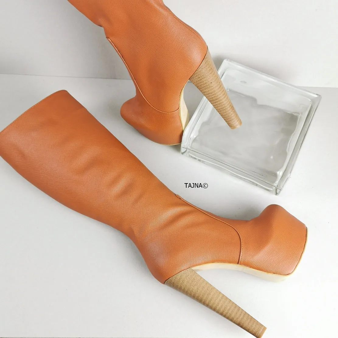 Ginger Brown Mid Calf Chunky Heel Boots