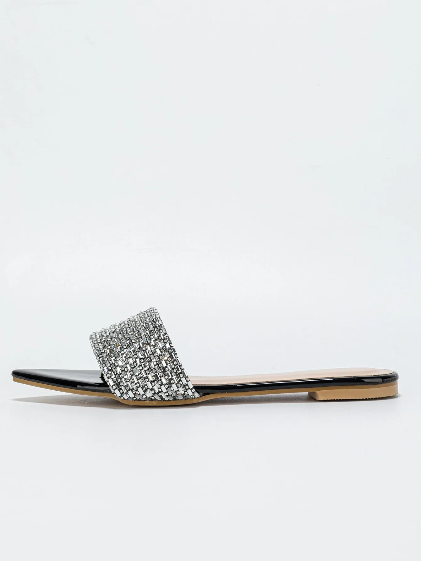 Glamorous Flat Slippers With Rhinestone Decor Glass Point Open Toe Slide Sandals