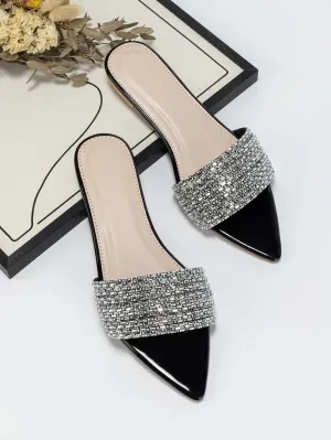 Glamorous Flat Slippers With Rhinestone Decor Glass Point Open Toe Slide Sandals