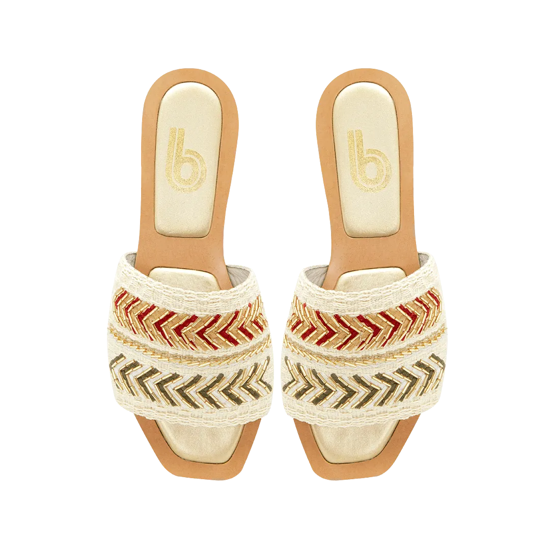 Gold leather and textile mule sandal