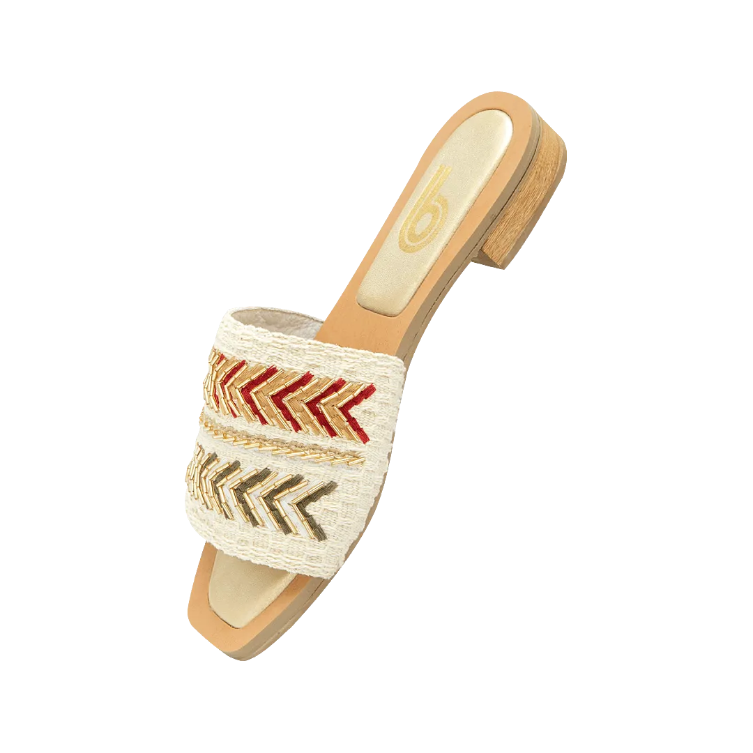 Gold leather and textile mule sandal