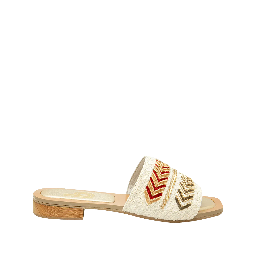 Gold leather and textile mule sandal