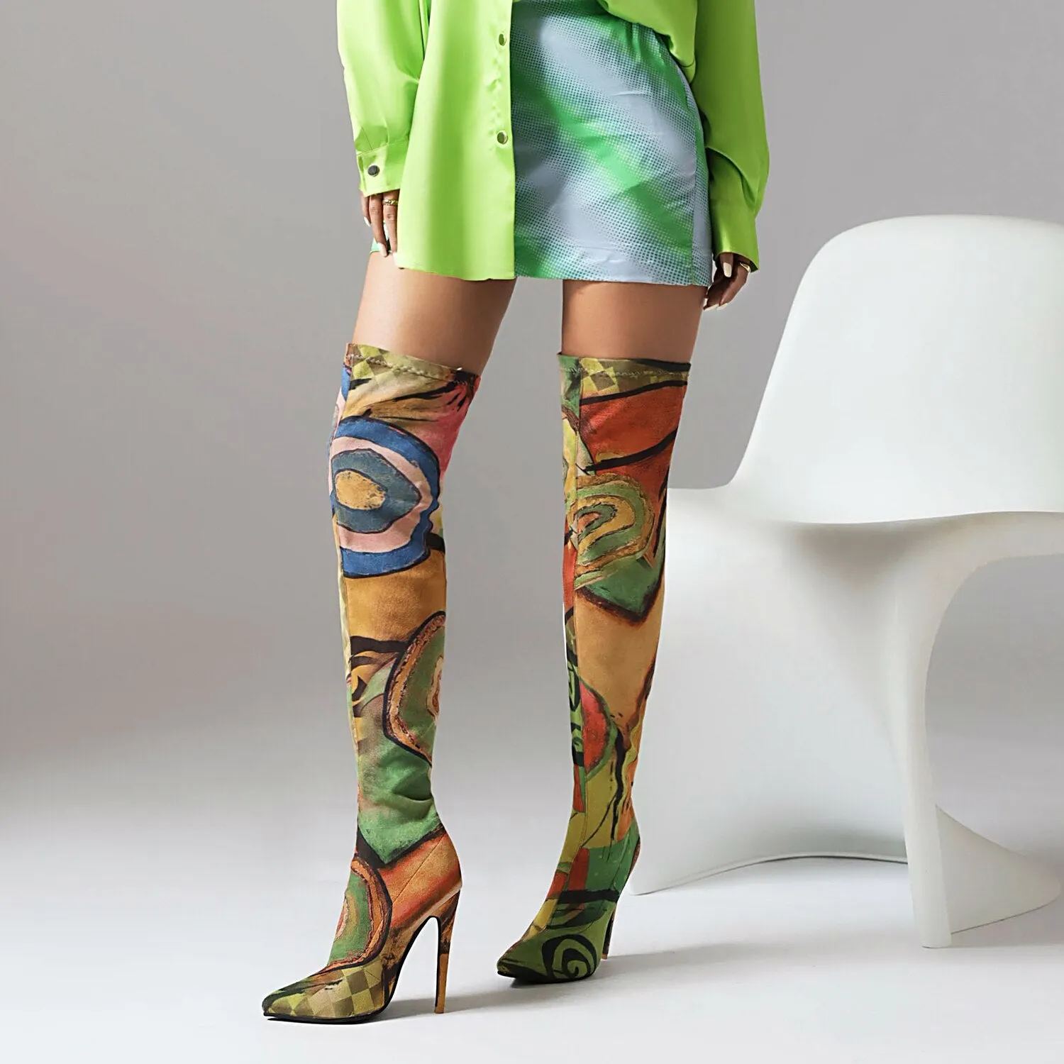 Graffiti Print Thigh High Elastic Fabric Boots