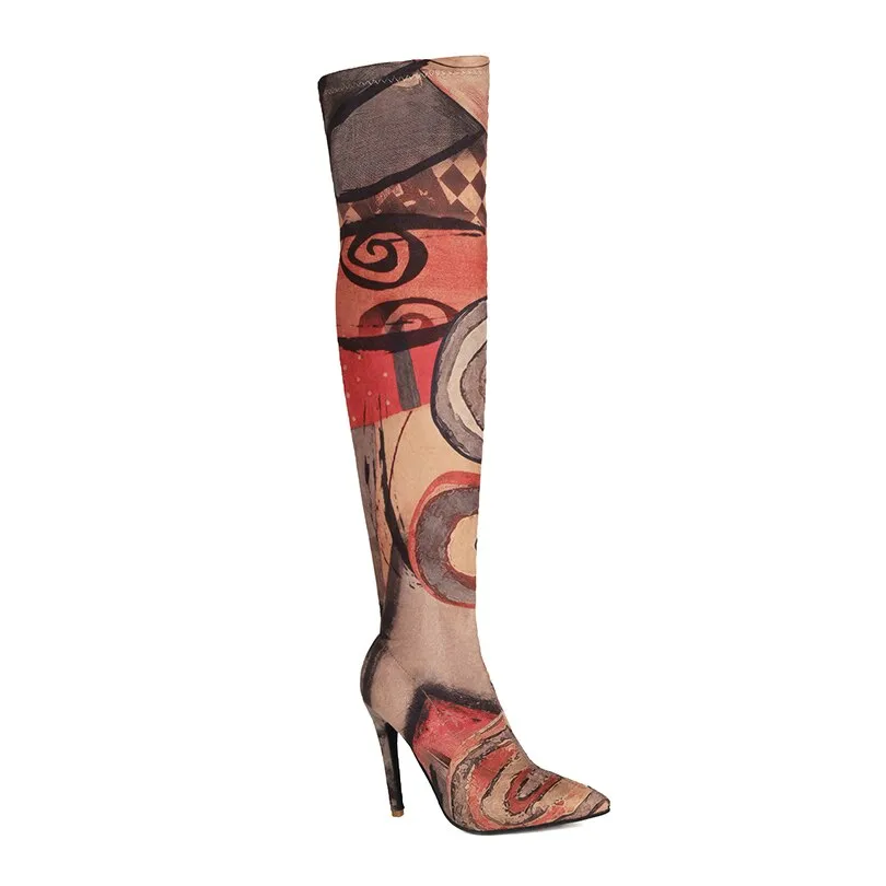 Graffiti Print Thigh High Elastic Fabric Boots