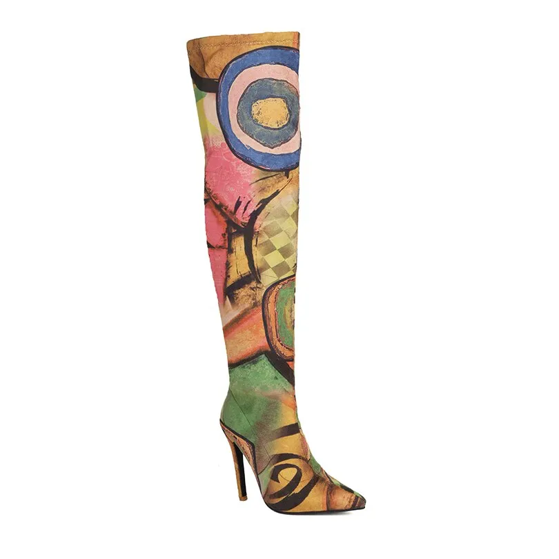 Graffiti Print Thigh High Elastic Fabric Boots