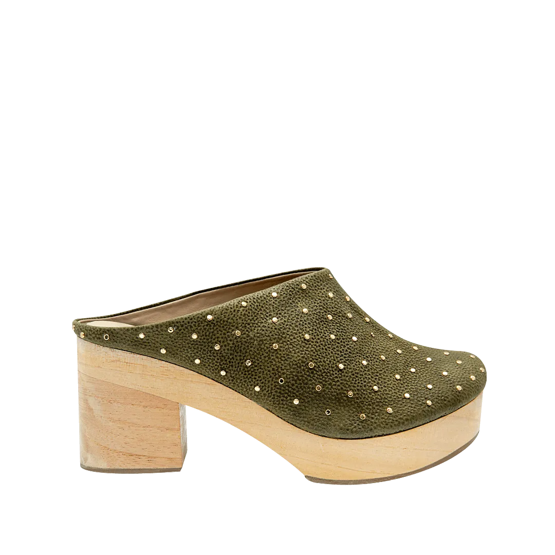 Green leather high-heeled mule