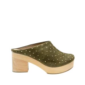 Green leather high-heeled mule