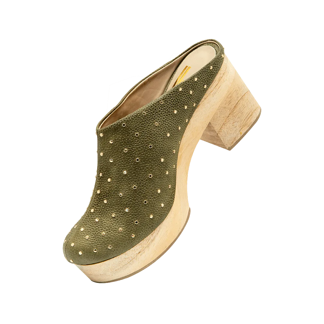 Green leather high-heeled mule