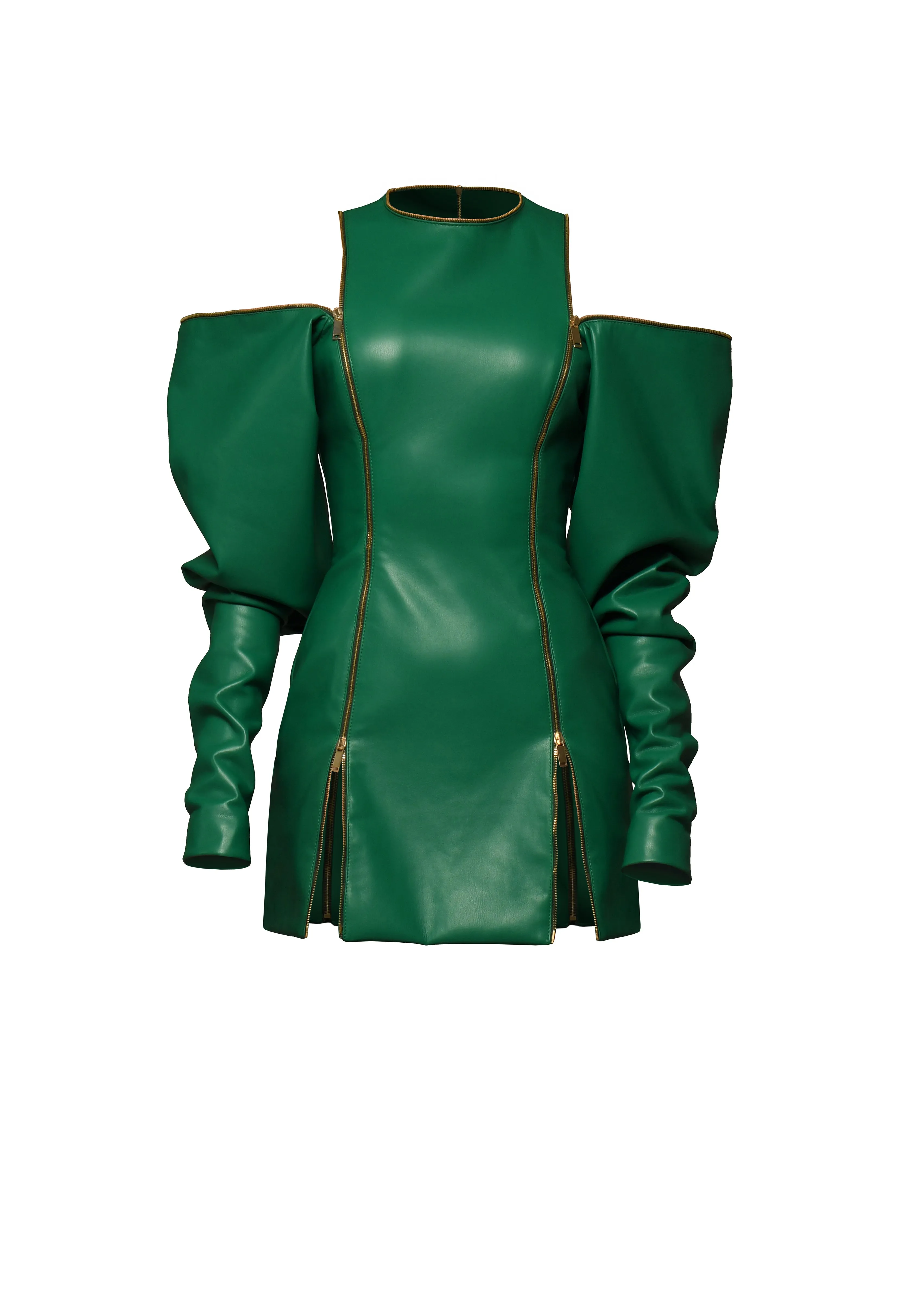 Green leather short dress with zippers