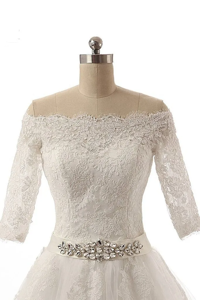 Half Sleeves Long Ball Gowns Bodice Lace Wedding Dresses PFW0299