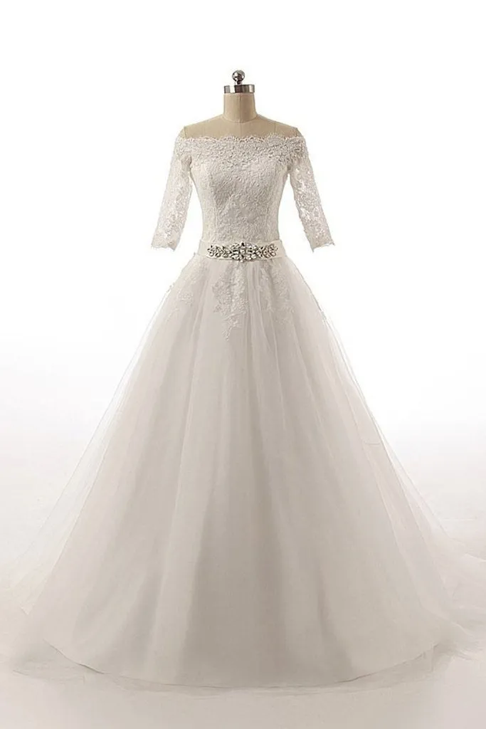 Half Sleeves Long Ball Gowns Bodice Lace Wedding Dresses PFW0299