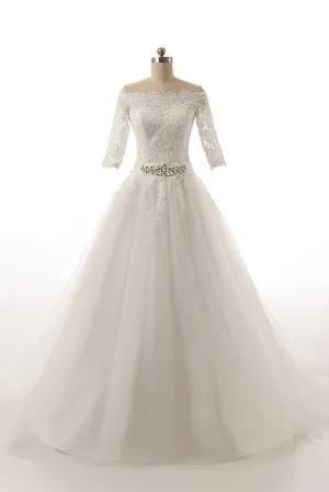 Half Sleeves Long Ball Gowns Bodice Lace Wedding Dresses PFW0299