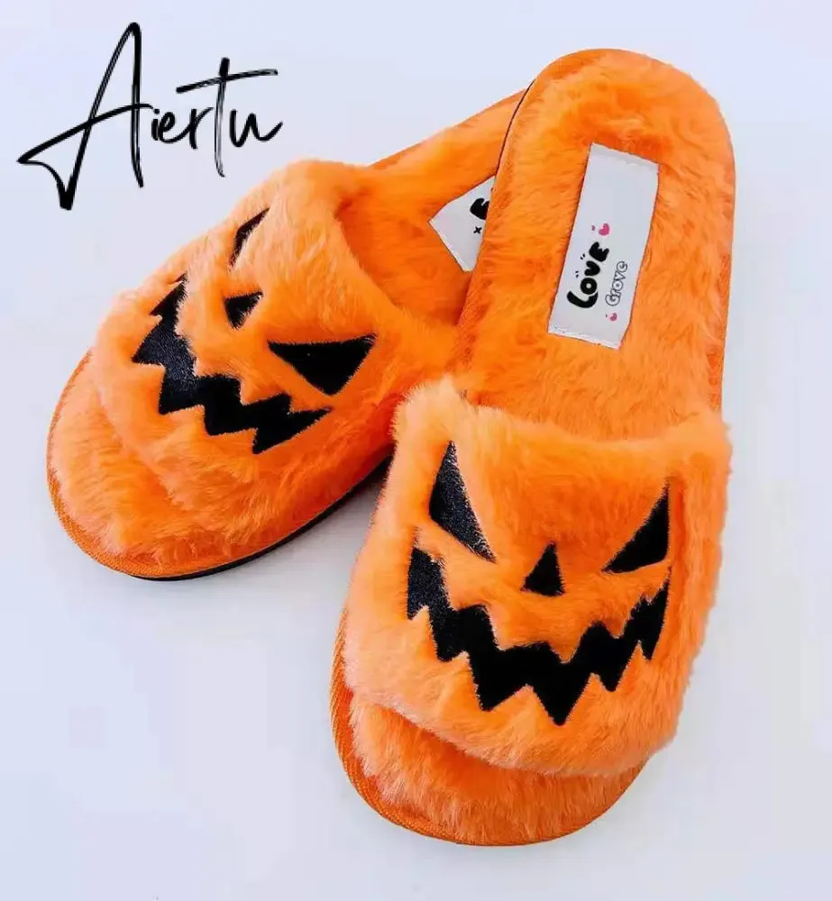 Halloween Pumpkin Lantern Slippers Autumn Soft Furry Comfort Closed Toe Slides Women Size 43 Outdoor Slippers Zapatos Mujer