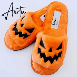 Halloween Pumpkin Lantern Slippers Autumn Soft Furry Comfort Closed Toe Slides Women Size 43 Outdoor Slippers Zapatos Mujer