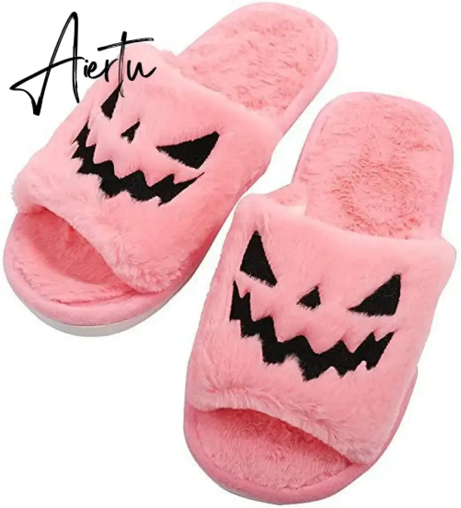 Halloween Pumpkin Lantern Slippers Autumn Soft Furry Comfort Closed Toe Slides Women Size 43 Outdoor Slippers Zapatos Mujer