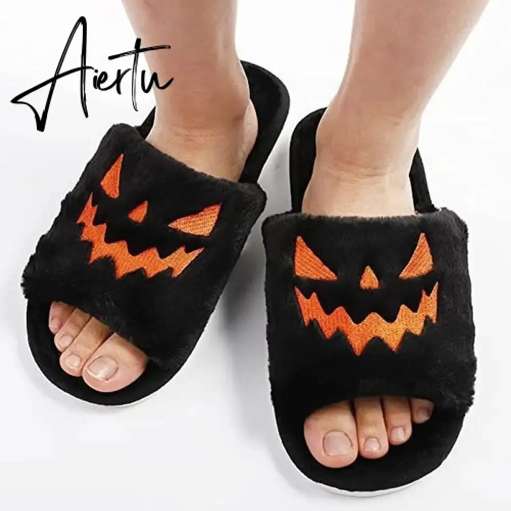Halloween Pumpkin Lantern Slippers Autumn Soft Furry Comfort Closed Toe Slides Women Size 43 Outdoor Slippers Zapatos Mujer