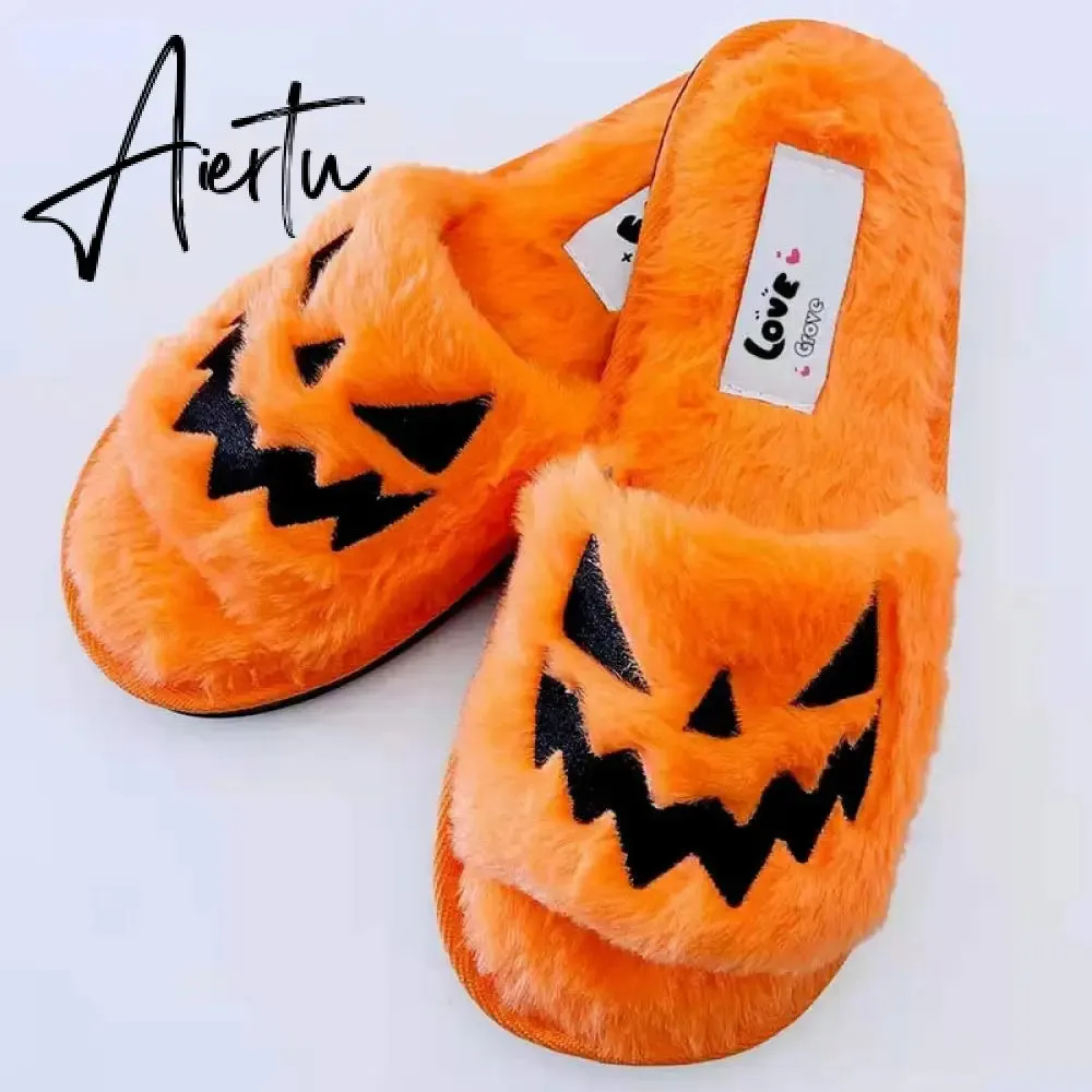 Halloween Pumpkin Lantern Slippers Autumn Soft Furry Comfort Closed Toe Slides Women Size 43 Outdoor Slippers Zapatos Mujer