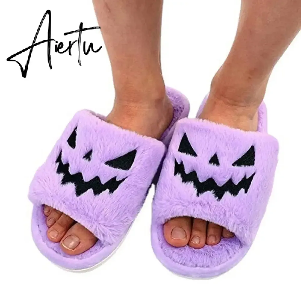 Halloween Pumpkin Lantern Slippers Autumn Soft Furry Comfort Closed Toe Slides Women Size 43 Outdoor Slippers Zapatos Mujer