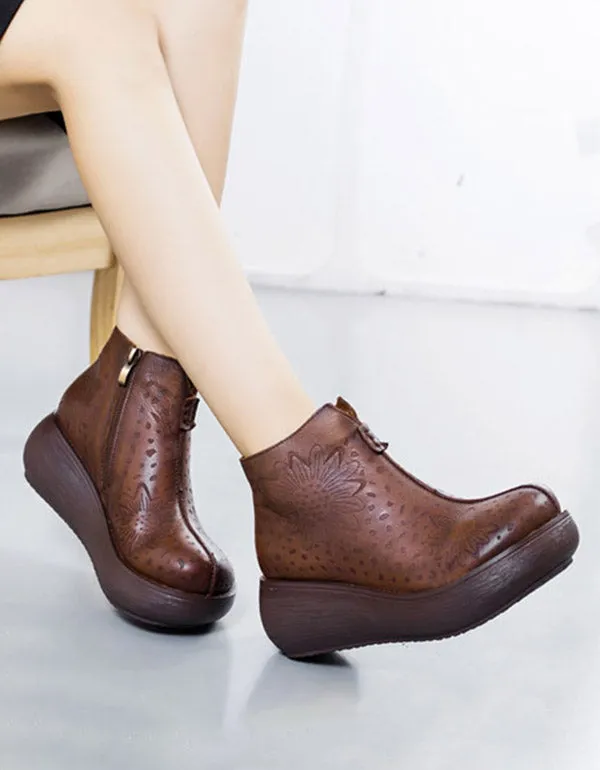 Handmade Carved Hollow Retro Wedge Boots