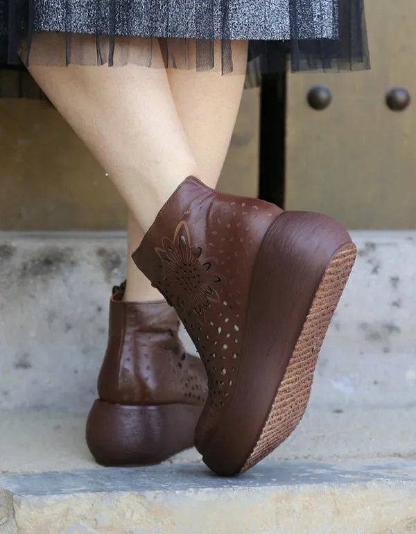 Handmade Carved Hollow Retro Wedge Boots
