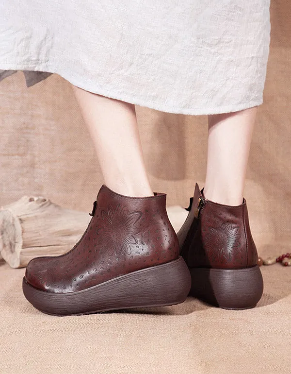 Handmade Carved Hollow Retro Wedge Boots