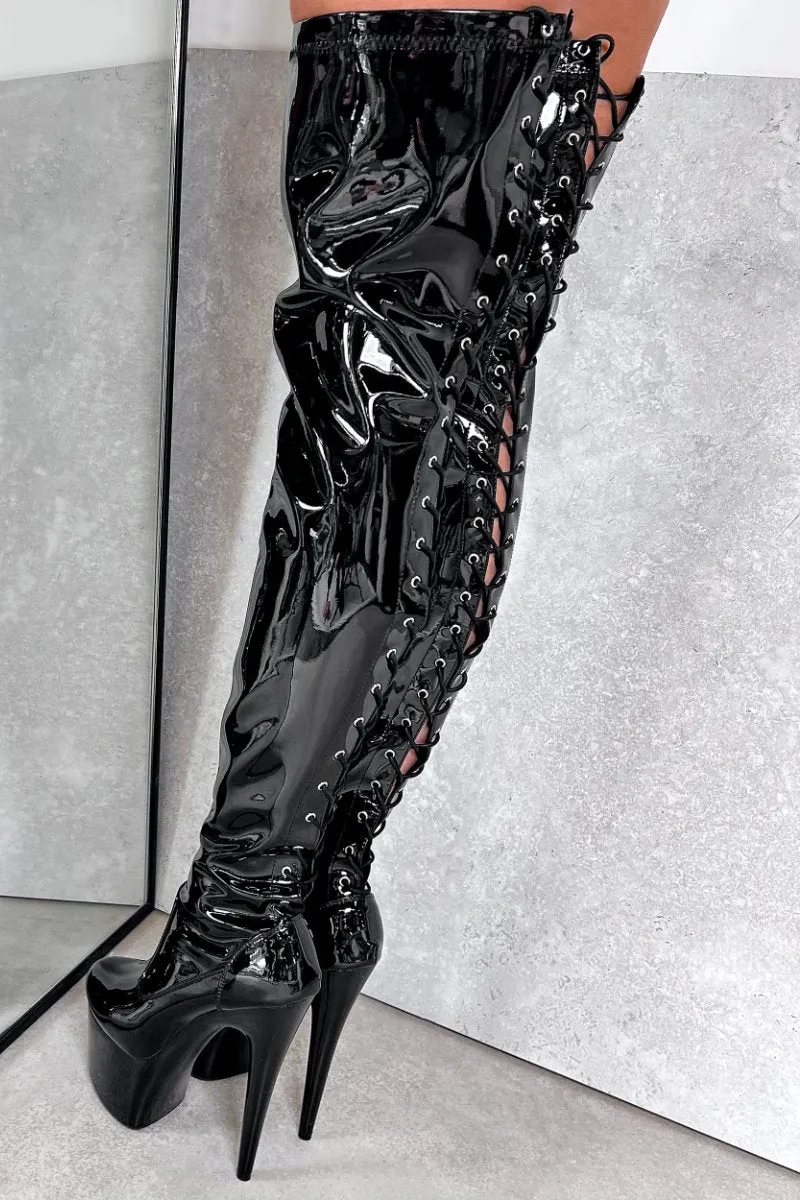 Hella Heels LipKit Thigh High Back Lace 7inch Boots - Black Beatle
