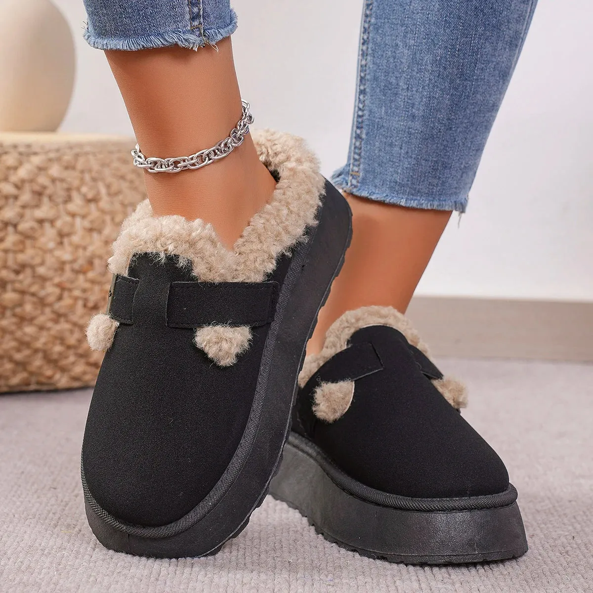 Hnzxzm New Luxury Winter Women's Boken Shoes Plush Fashion Retro Bean Shoes Cotton Women's Flat Sole Slippers Platform Women Boots