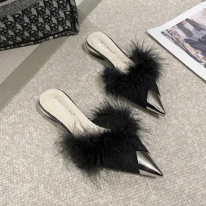 Hnzxzm Pointy Mule Shoes Women's Fluffy 2024 Summer Dress Elegant Slingback Sandals Party Slide Simple and Shallow Cut Style