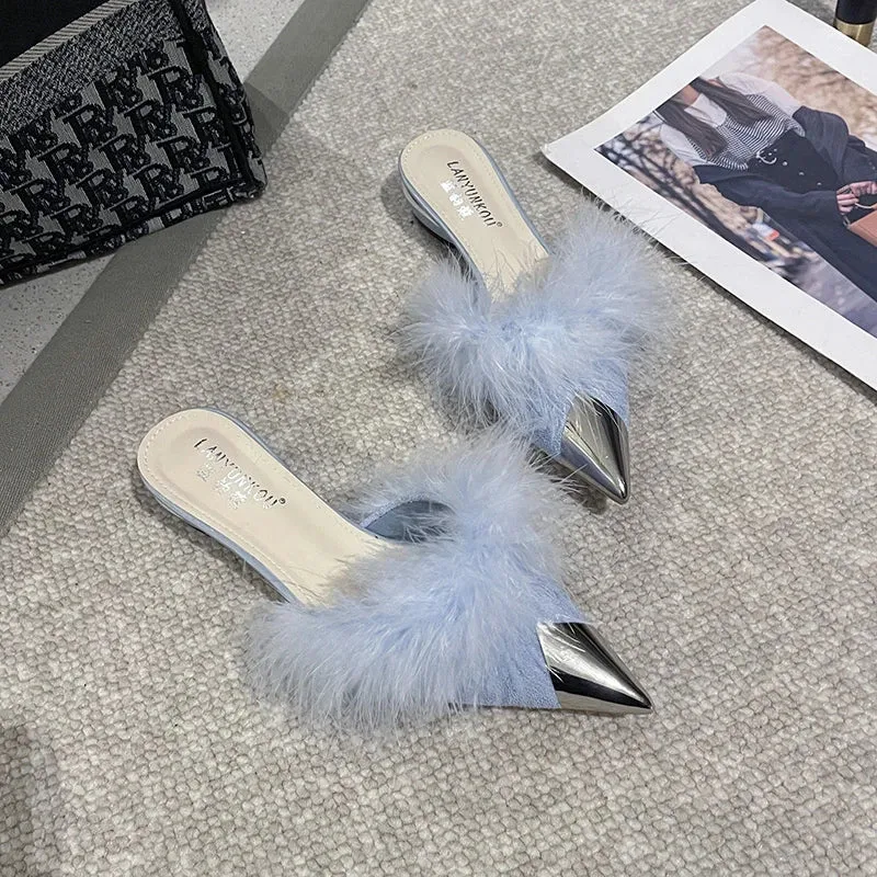 Hnzxzm Pointy Mule Shoes Women's Fluffy 2024 Summer Dress Elegant Slingback Sandals Party Slide Simple and Shallow Cut Style