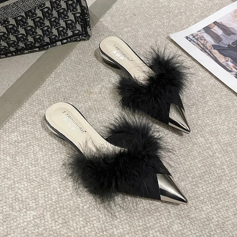 Hnzxzm Pointy Mule Shoes Women's Fluffy 2024 Summer Dress Elegant Slingback Sandals Party Slide Simple and Shallow Cut Style