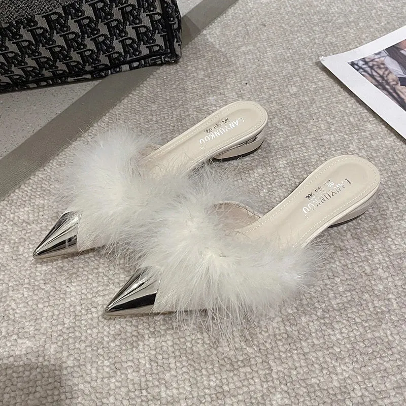 Hnzxzm Pointy Mule Shoes Women's Fluffy 2024 Summer Dress Elegant Slingback Sandals Party Slide Simple and Shallow Cut Style