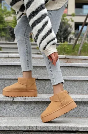 H.O.S Ultra Mini Chestnut Platform Womens Fur Lined Ankle Boots