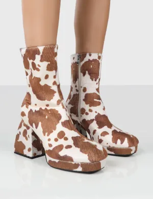 Imagine Brown Cow Print Chunky Heel Ankle Boots