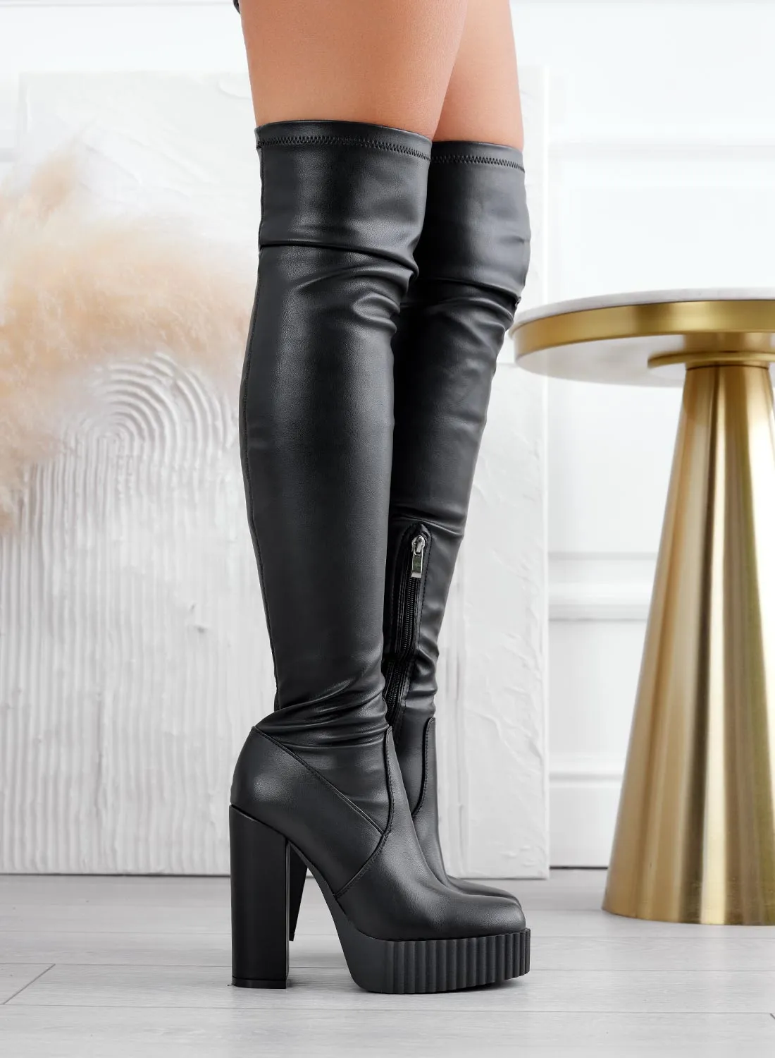 IOLE - Black thigh-high boots with high heels