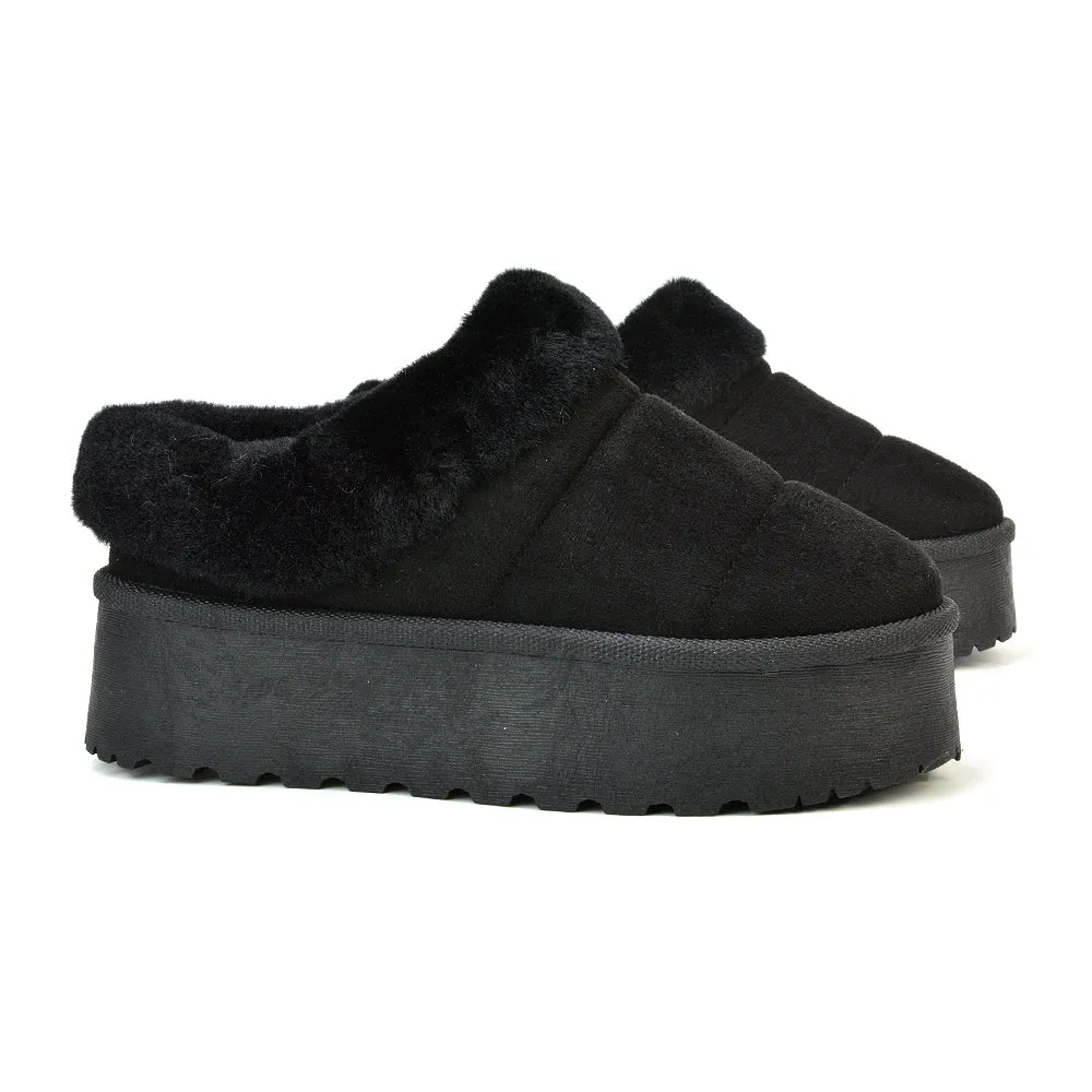 Laylin Faux Fur Platform Slipper Micro Ultra Mini Boots In Black