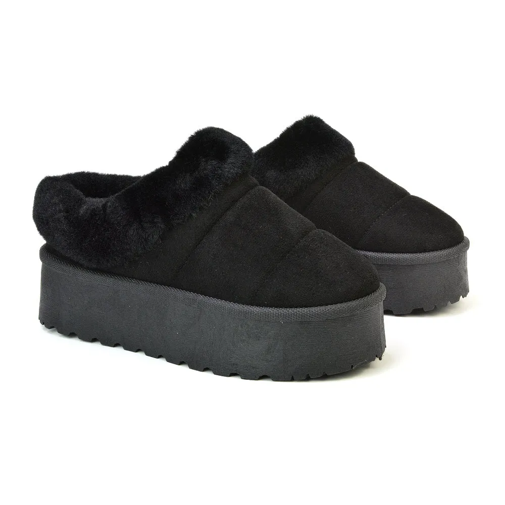 Laylin Faux Fur Platform Slipper Micro Ultra Mini Boots In Black