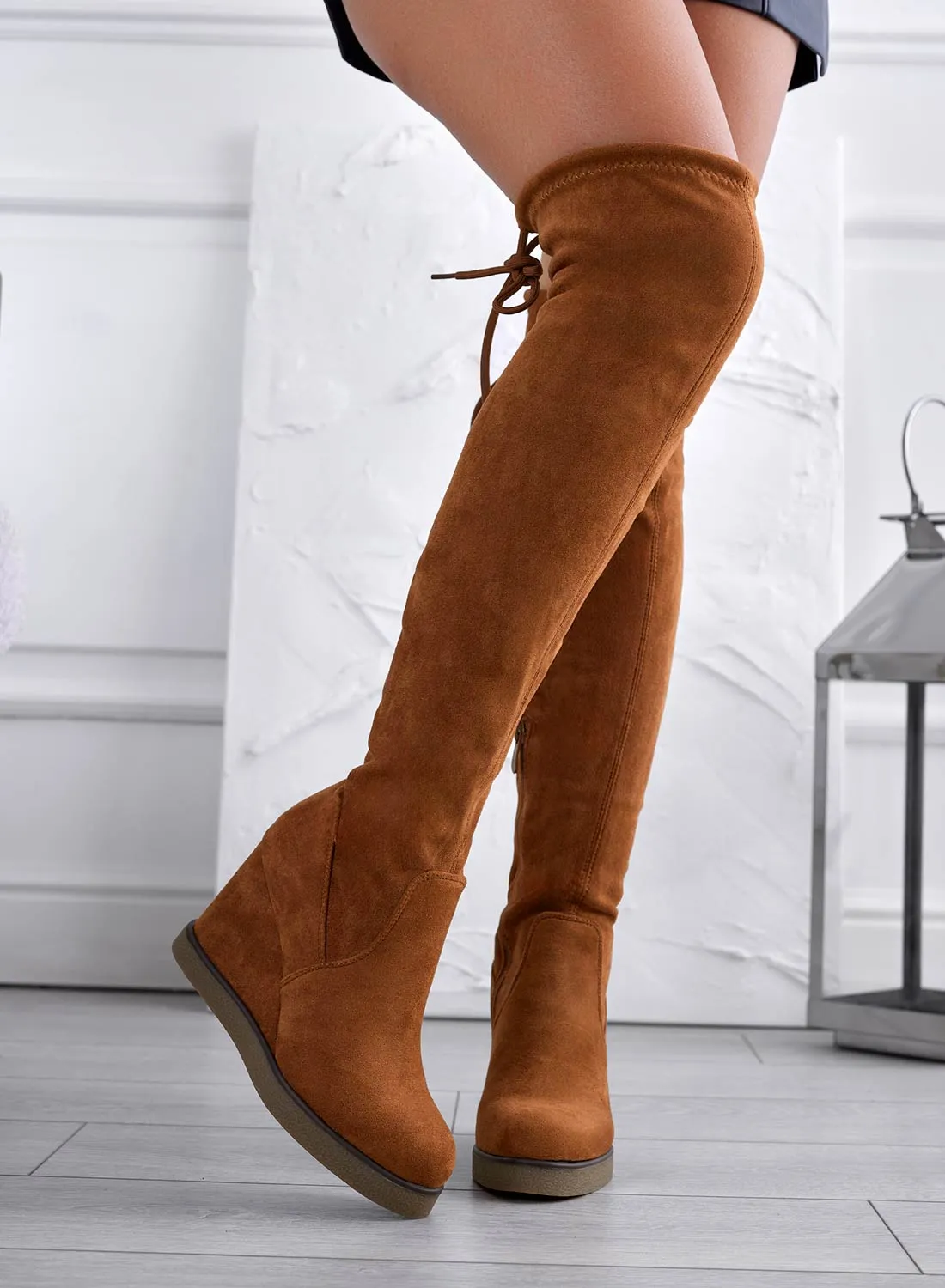 LESLIE - Camel suede thigh high boots with wedge