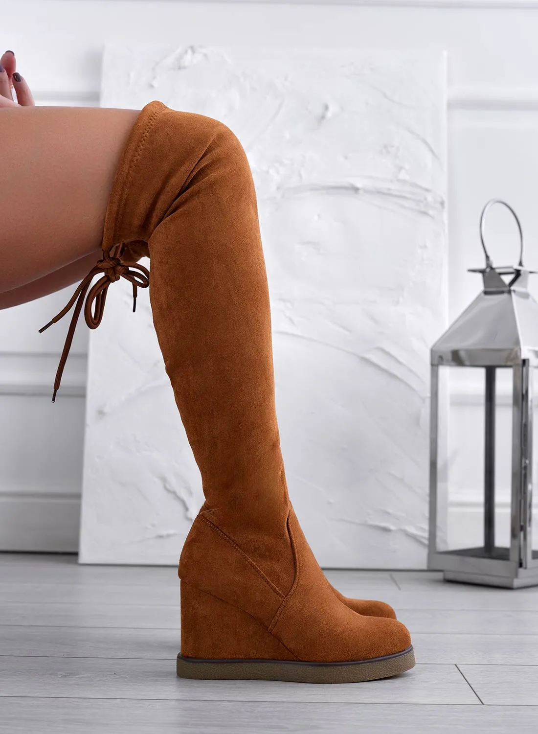 LESLIE - Camel suede thigh high boots with wedge