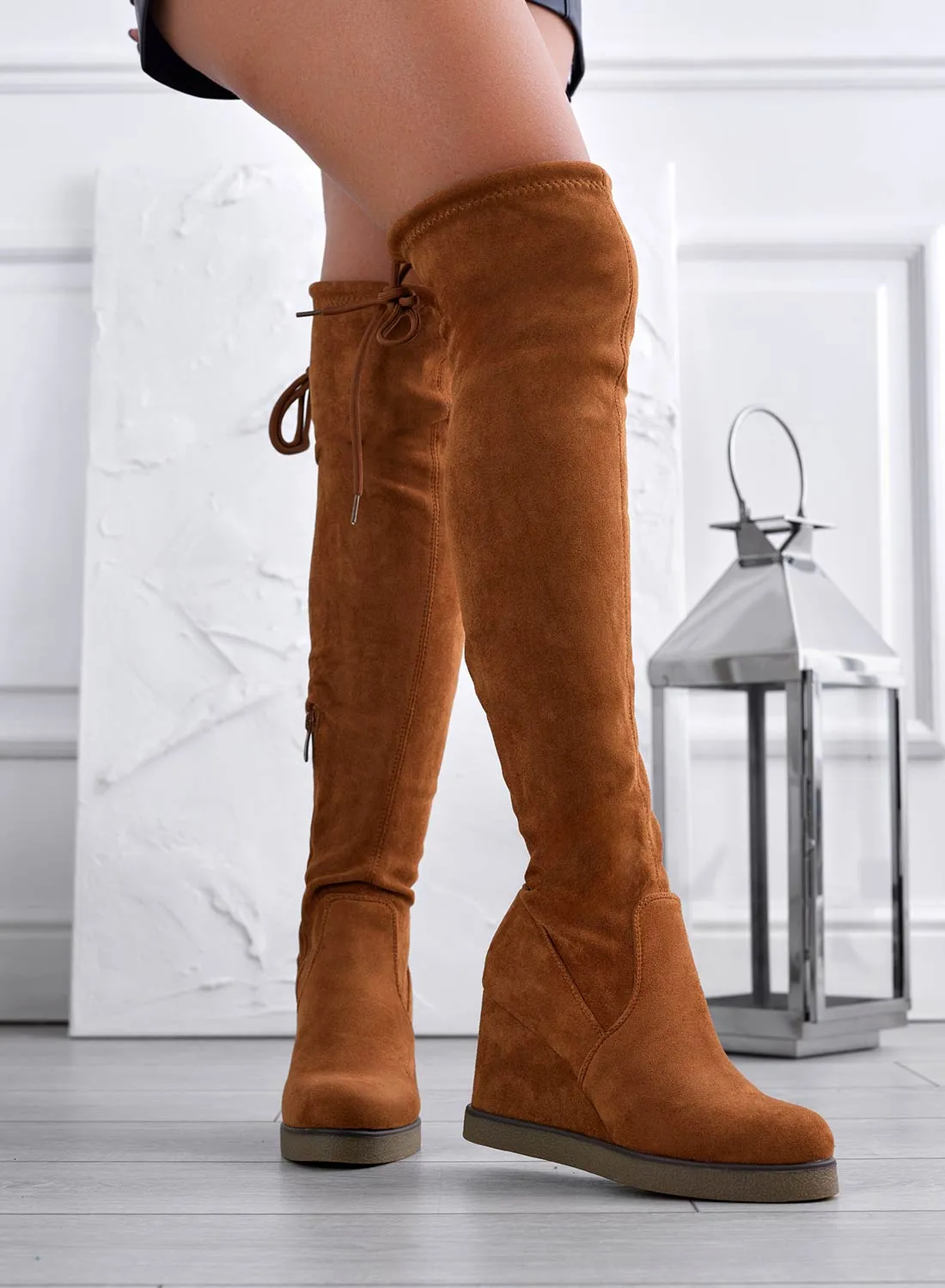 LESLIE - Camel suede thigh high boots with wedge
