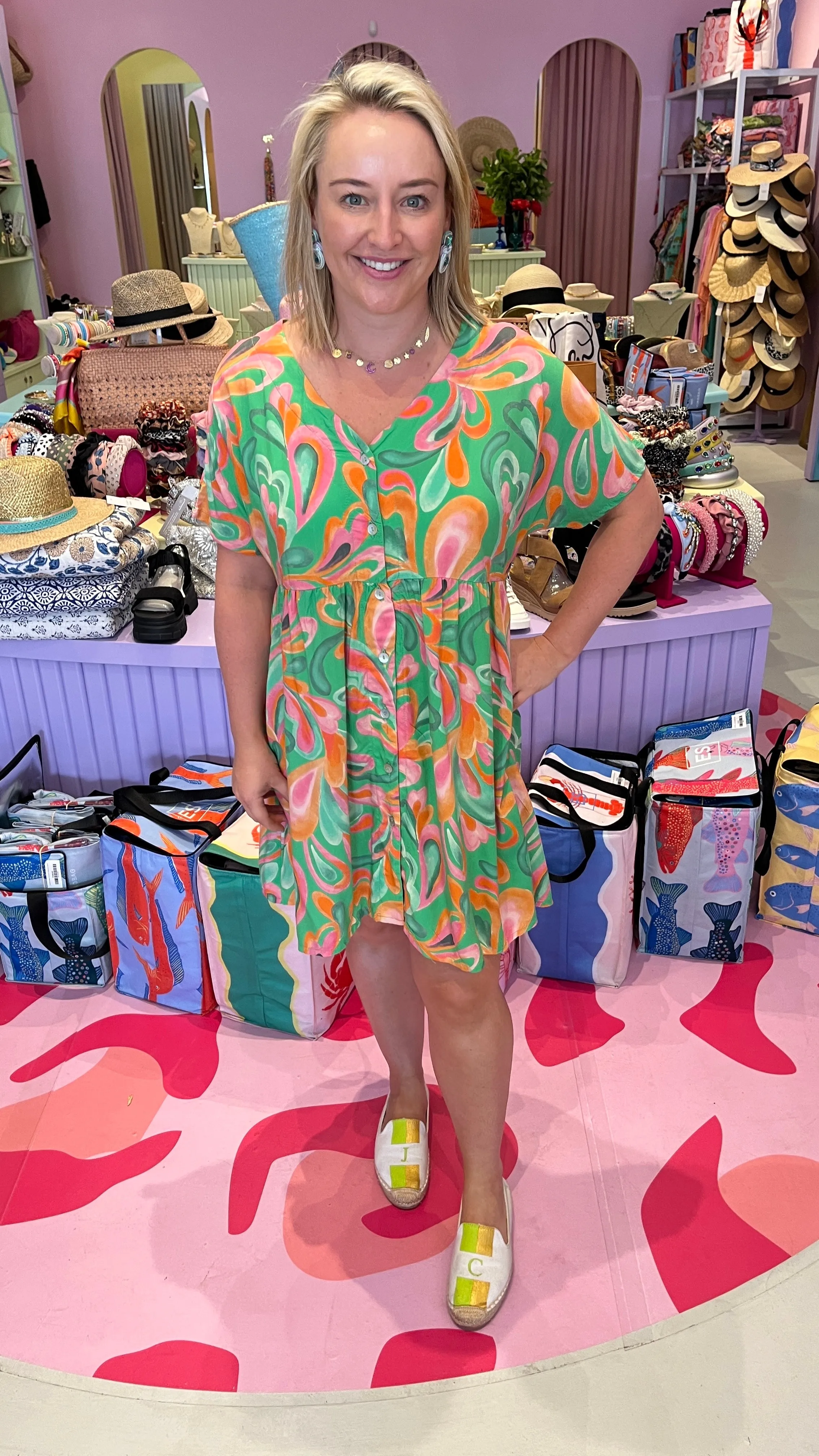 Lulu Button Dress - Green, pink and orange swirl