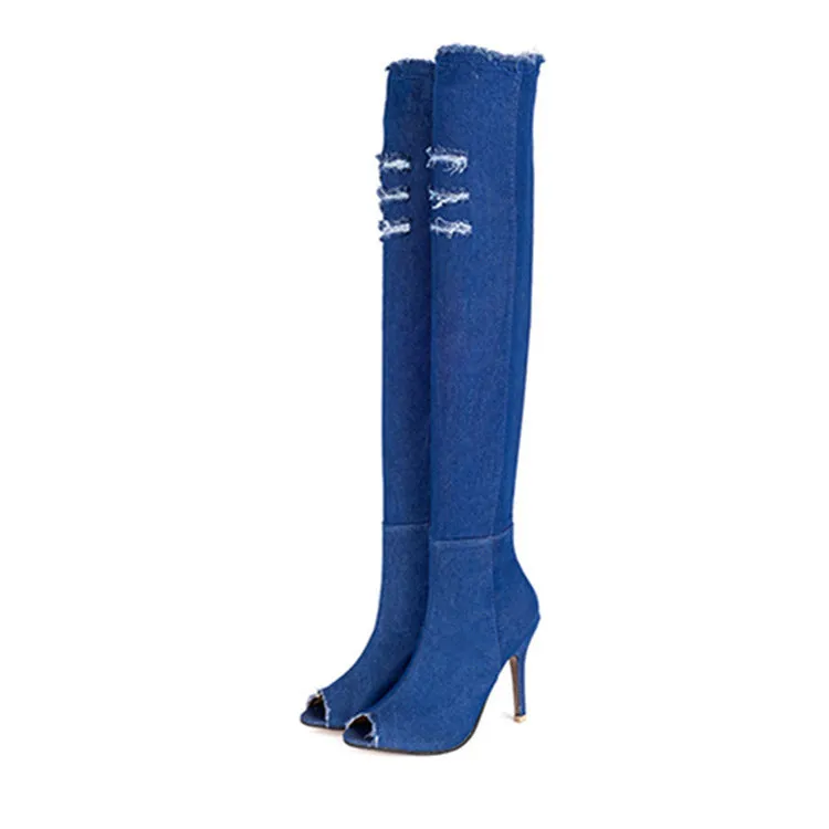 Peep Toe Thigh High Stretch Denim Boots