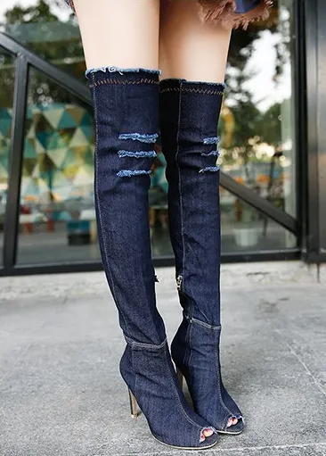 Peep Toe Thigh High Stretch Denim Boots