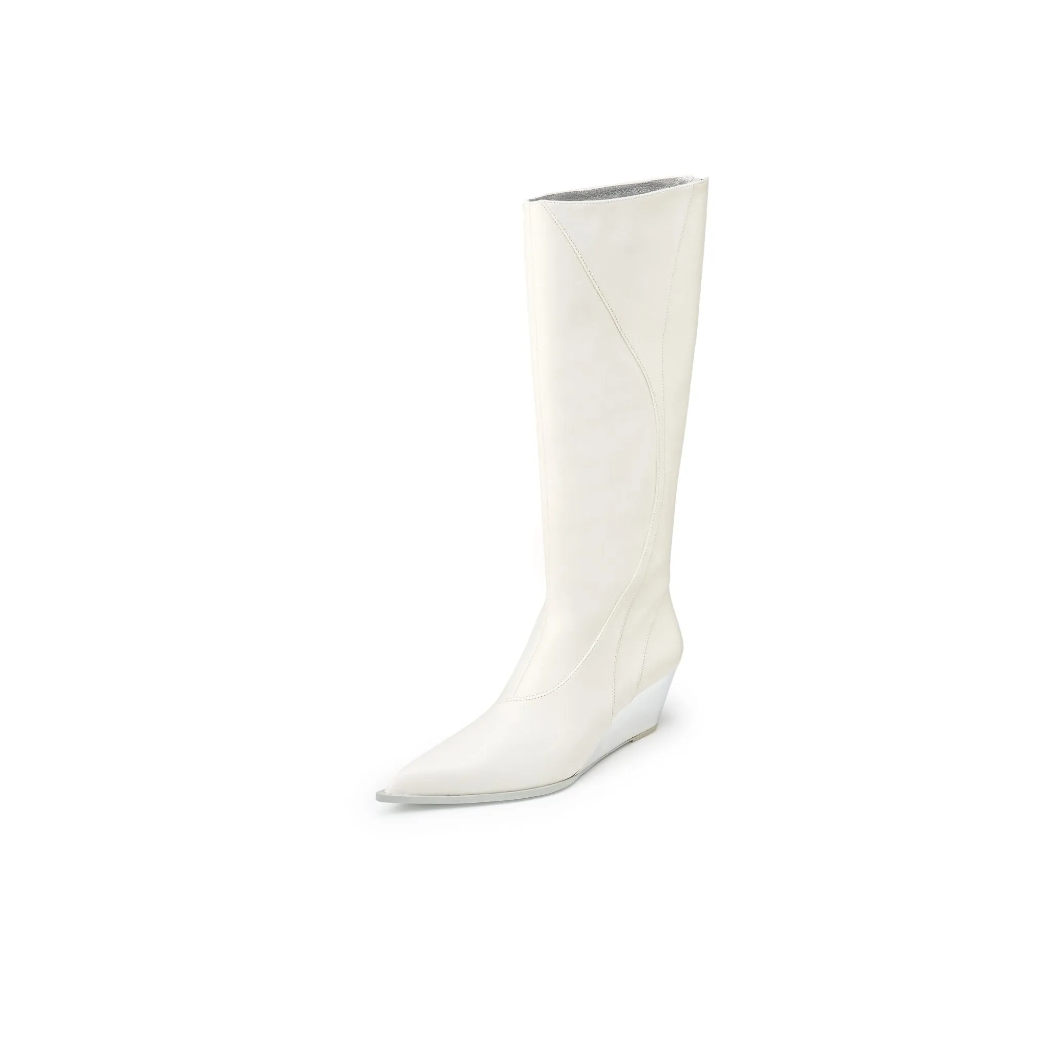 Pointy Line Spliced Thigh High Boots In White