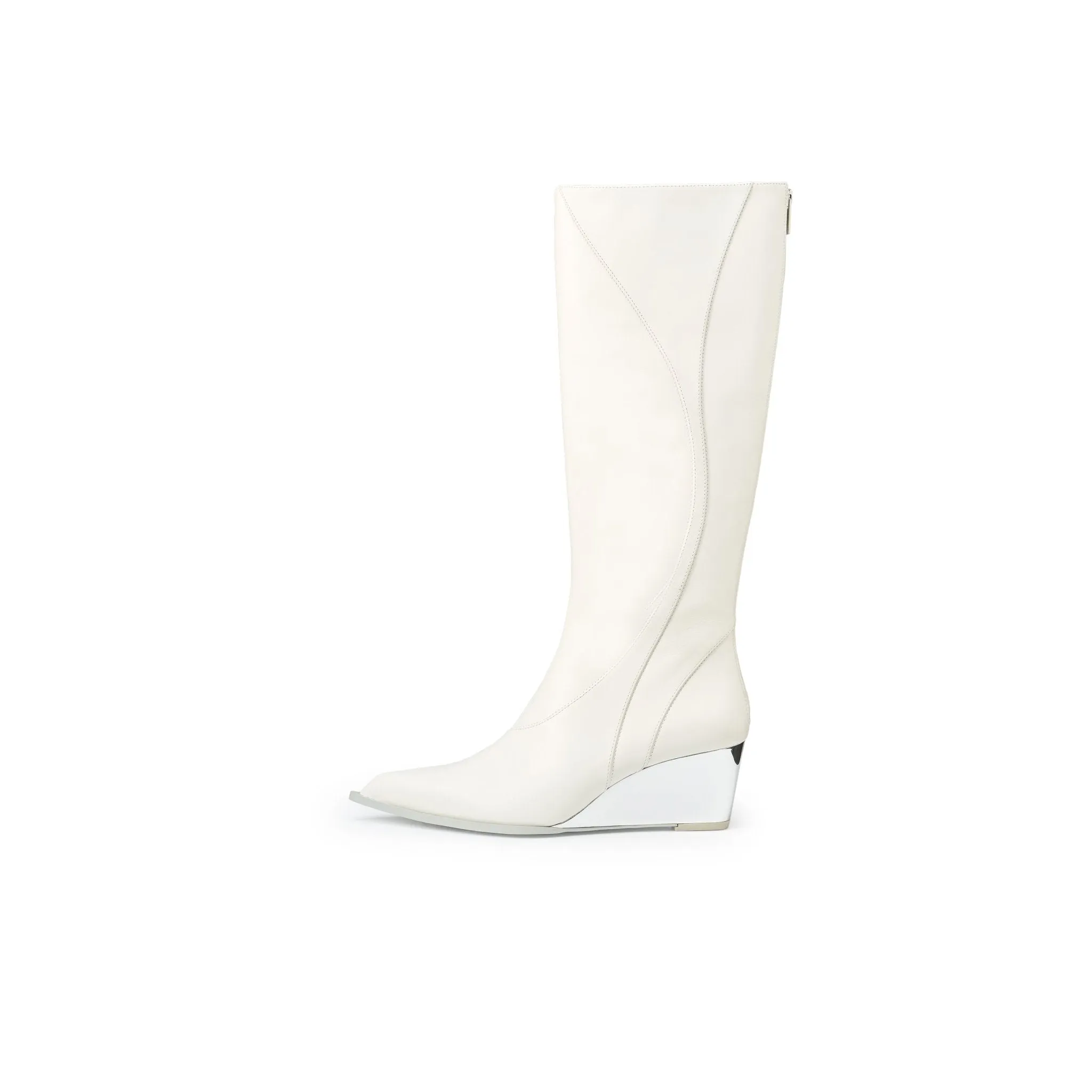 Pointy Line Spliced Thigh High Boots In White