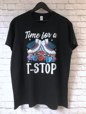 Roller Derby Skater T-Shirt, Time For A T-Stop, Roller Skates Graphic Print Tee Shirt Top