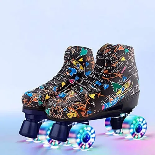 Roller Skates Classic High-top for Adult Outdoor Skating Light-Up Four-Wheel Roller Skates Shiny Roller Skates for Women (Black Non-Flashing,9)