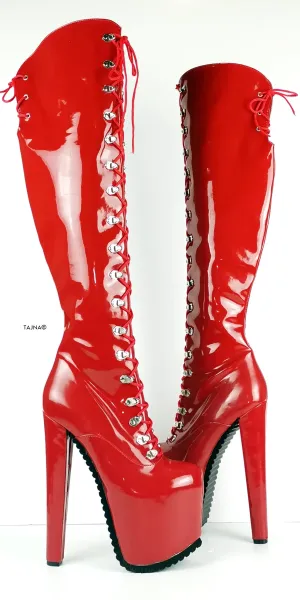 Serrated Sole Red Military Lace Up Over Knee Boots