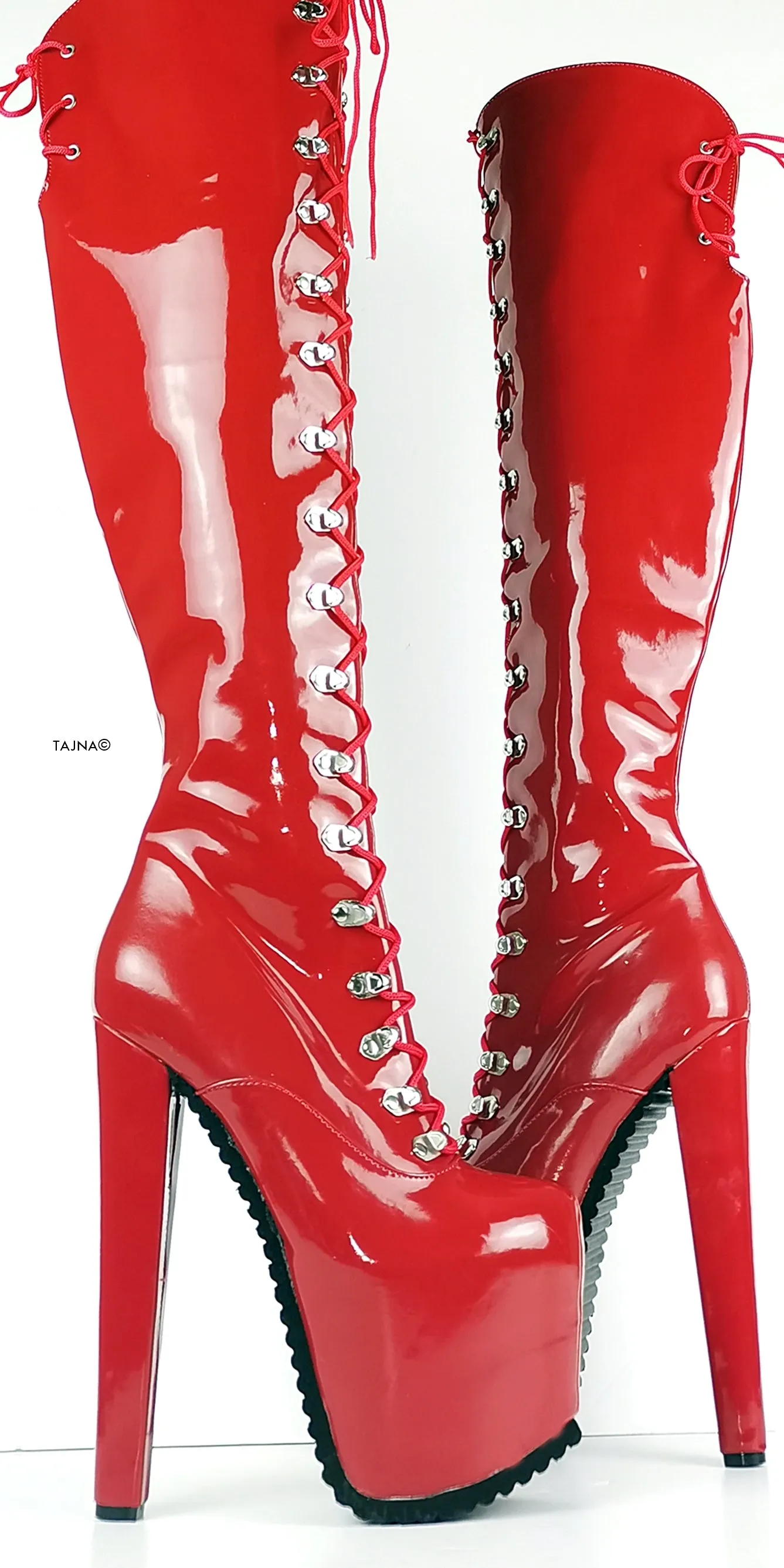 Serrated Sole Red Military Lace Up Over Knee Boots