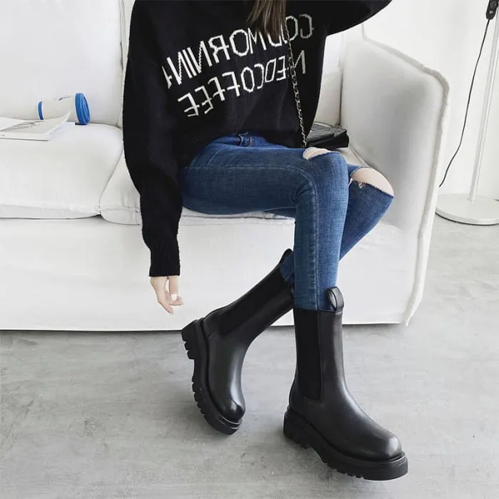 Slip-On Genuine Leather Platform Boots